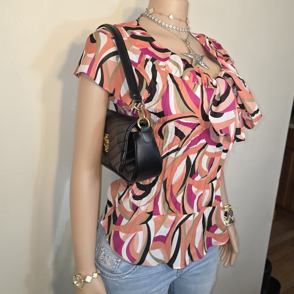 Bethany Pink Orange Abstract Ruffle Front Top - Picture 2 of 3
